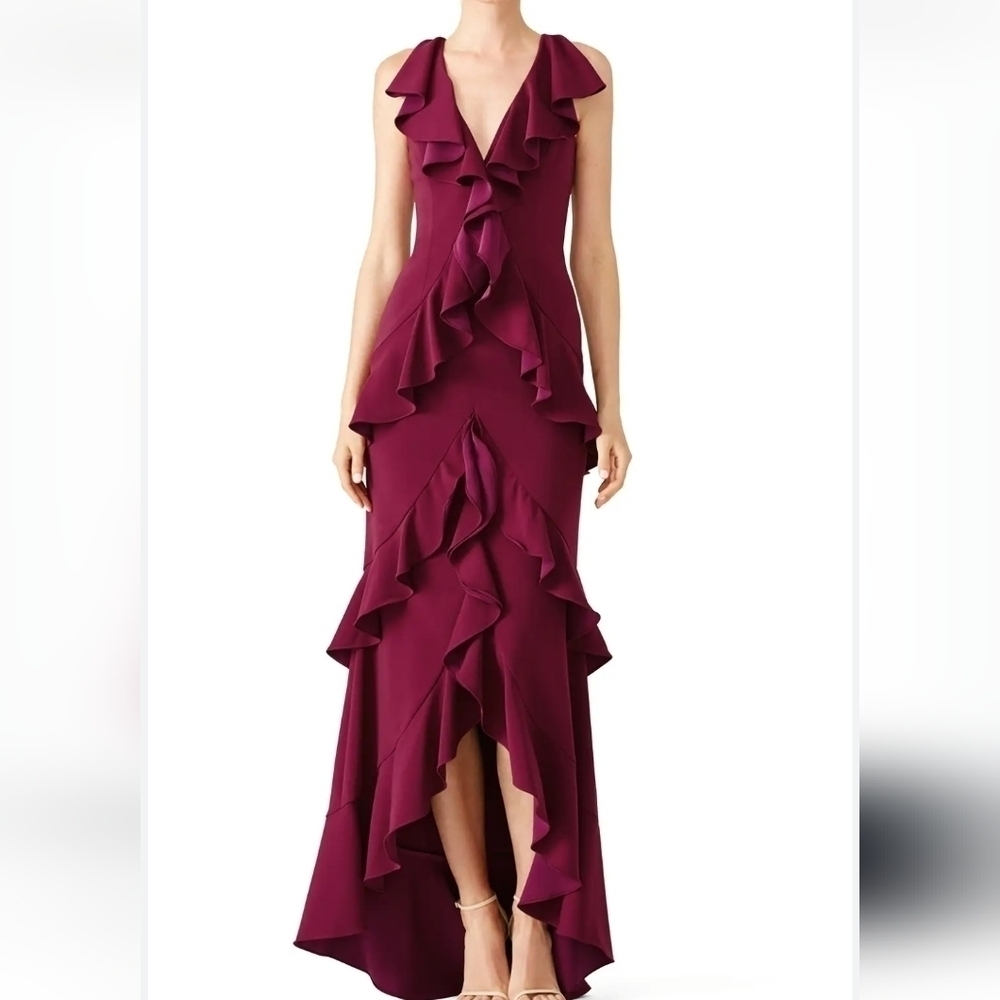 Jay Godfrey June Plum Ruffle Tiered Gown 10 V-neck Sleeveless Cocktail Party
